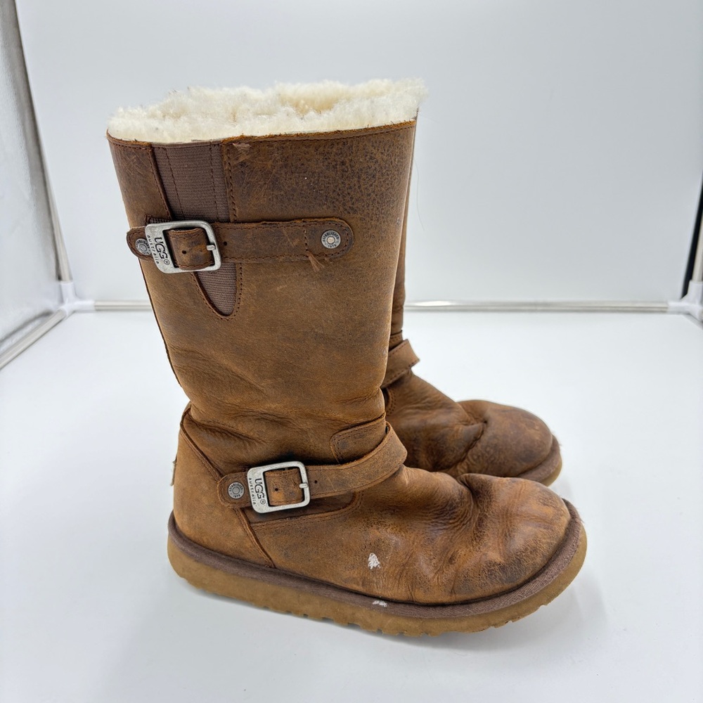 UGG Australia Kensington Brown Leather Sherpa Lined Moto Biker Boots Womens Sz 4